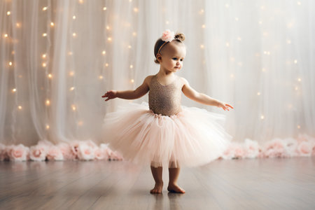 beautiful baby girl ballerina. Little cute child dancing, having fun. party dancing concept. Baby girl is studying ballet, modern dance .copy space.の素材