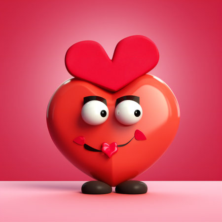 Heart face in red color with funny facial expressions and emotions isolated on pink background. 3d illustrationの素材