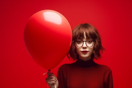 Banner with woman hold in hands red inflatable balloon.の素材