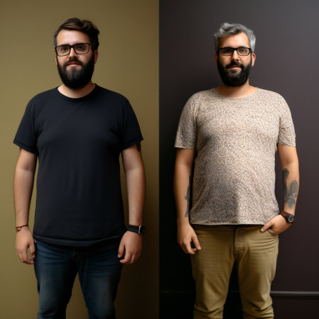 Male body before and after weight loss on home interior background. Health care and diet concept.の素材