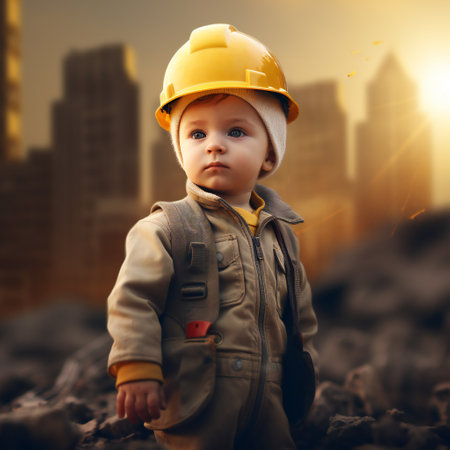 portrait of a little boy wearing a mason helmetの素材