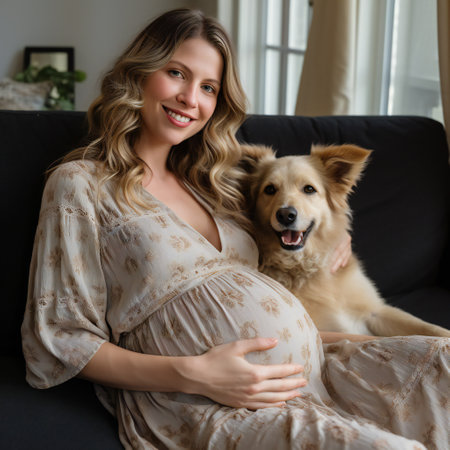 Smiling pregnant woman with dog sitting on sofa at home.の素材
