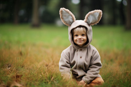 Little baby in easter bunny dress sitting and smiling on green grass, cute baby boy in costume. Easter congratulatin concept with copy space.の素材