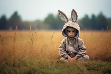 Little baby in easter bunny dress sitting and smiling on green grass, cute baby boy in costume. Easter congratulatin concept with copy space.の素材