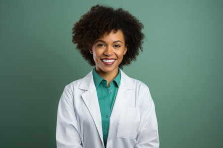 Modern Medical Education Concept. Portrait Of Smiling Black Female Doctor In White Coat Posing Over green Backgroundの素材
