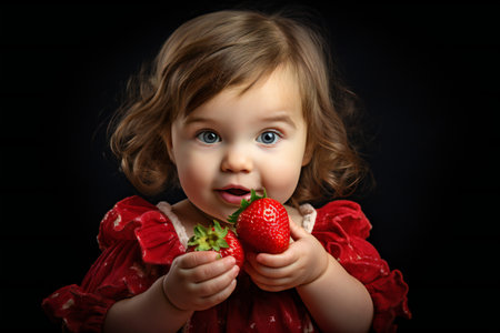 Portrait of happy little toddler girl eating healthy strawberries studio shot on dark background.の素材