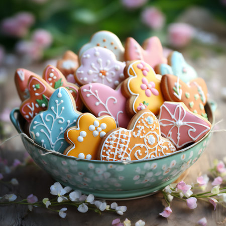 Easter cookies with pastel colors frosting in bowlの素材