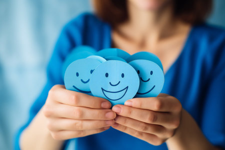 woman holding blue happy smile face on paper cut, user giving good feedback rating, think positive , customer review, assessment, of mental health day, Compliment Day, satisfaction conceptの素材