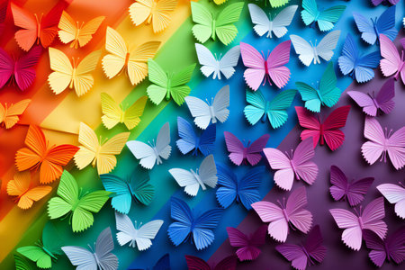 Rainbow paper background with white paper butterflies origami. Zero discrimination day concept. Copy spaceの素材