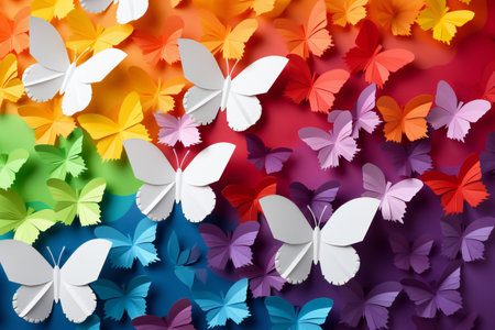 Rainbow paper background with white paper butterflies origami. Zero discrimination day concept. Copy spaceの素材