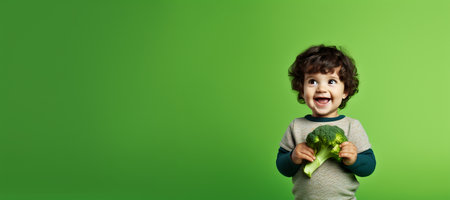 A studio shot of a smiling boy holding fresh broccoli on green background. The concept of healthy baby food. empty space, horizontal bannerの素材