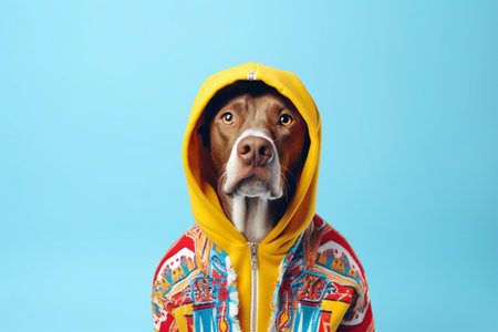 big dog wearing colorful clothes with hood against blue background looking at camera, empty space, horizontal banner.の素材