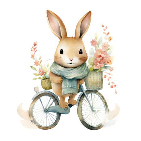 cute rabbit or hare with flowers is ridingの素材
