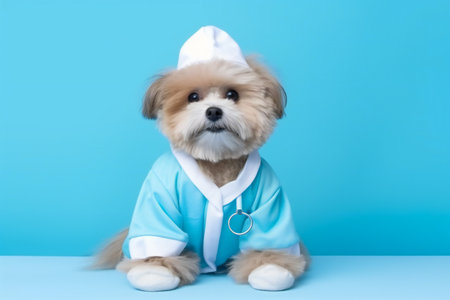 Funny dog wearing like a doctor isolated on blue backgroundの素材