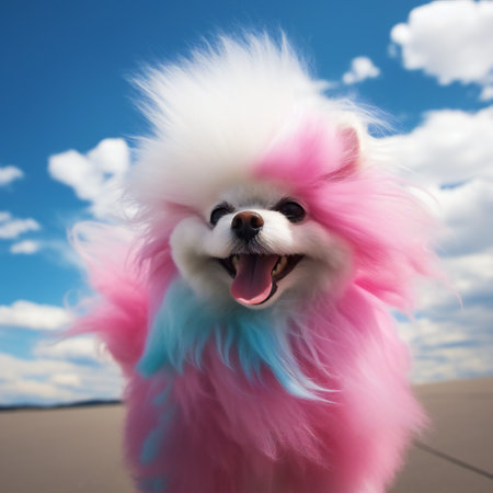 Funny Maltese dog with colored strands on a walk.の素材