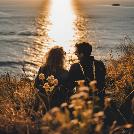 Young couple sitting on a rock near the sea and watching the sunの素材