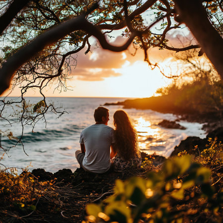Young couple sitting on a rock near the sea and watching the sunの素材