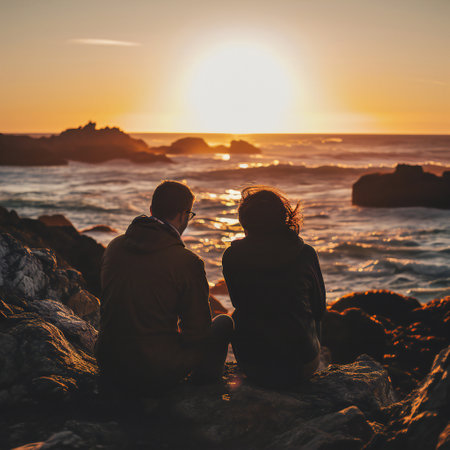 Young couple sitting on a rock near the sea and watching the sunの素材