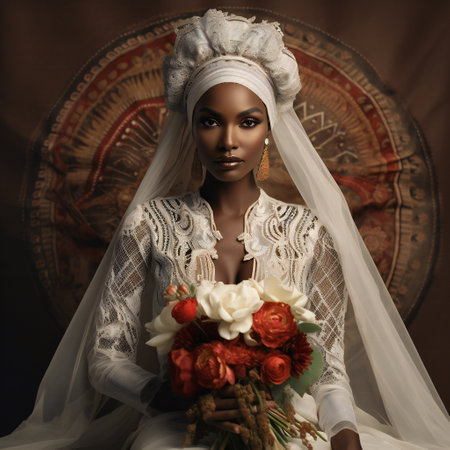 Beautiful african woman in wedding dress with bouquet of flowersの素材