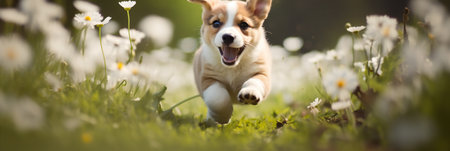 Corgi puppy dog running in a field of flowersの素材