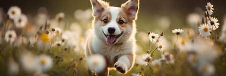 Corgi puppy dog running in a field of flowers, panorama.の素材