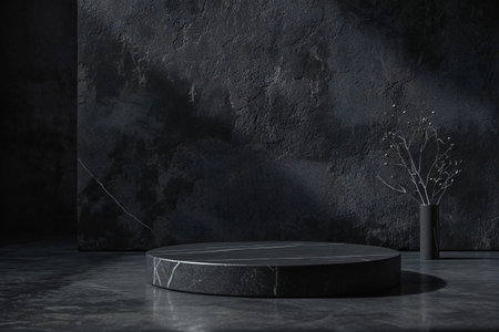 Black abstract stage with one cylinder podium mockup, decor of fresh green tropical leaves in hard light, shadows, template for presentation cosmetic products, goods, design in elegant luxury style.の素材