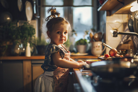 Cute little girl washes the dishes. Low key. Kitchen assistantの素材