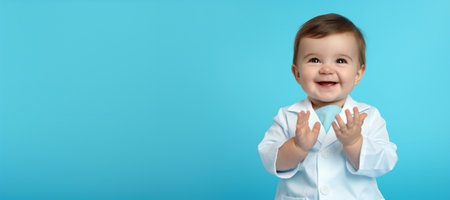 Cute little baby boy dressed like doctor isolated on blue background. empty space panoramic.の素材
