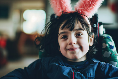 smiling Little girl in wheelchair wearing bunny earsの素材