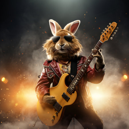 3d realistic illustration of a rockabilly bunny with sunglasses playing an electric guitarの素材
