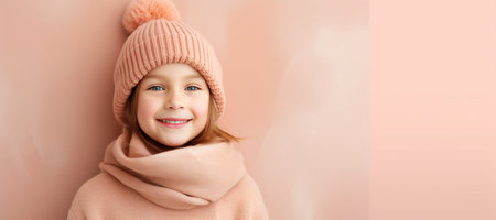 happy little girl celebrating winter holidays in scarf and hat isolated on pink background. horizontal banner, panorama.の素材