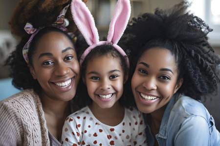 LGBT diversity Lesbian Couple Moments Happiness with her African girl laughing in easter, Family concept.の素材