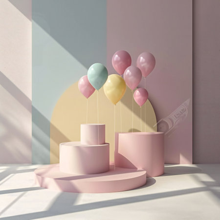 Minimal product podium stage with multicolor pastel color balloons in geometric shape for presentation background. Abstract background and decoration scene template. 3D illustration rendering.の素材
