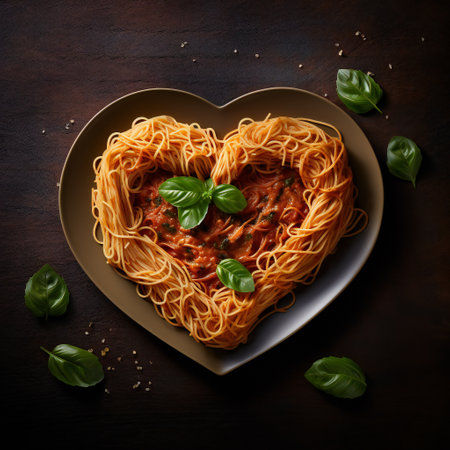 Healthy heart-shaped dish of Italian spaghetti topped with a spicy savory beef mince and tomato sauce, parmesan cheese and fresh basil on a rustic wood background.の素材