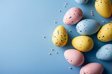 Easter eggs on blue background. Happy easter poster and banner for greeting text. Top view.の素材