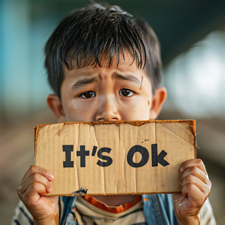 An asian boy with a grimy face and sad eyes holds a cardboard poster with the inscription it's ok in English in his handsの素材