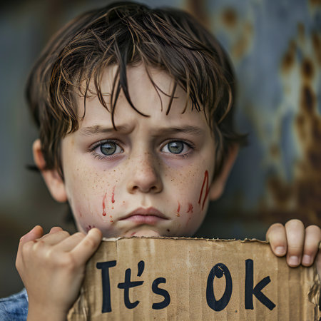 A boy with a grimy face and sad eyes holds a cardboard poster with the inscription it's ok in English in his hands.の素材