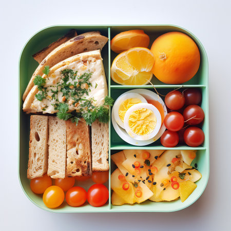 Lunch box of tasty healthy isolated on white, top view. School dinner.の素材