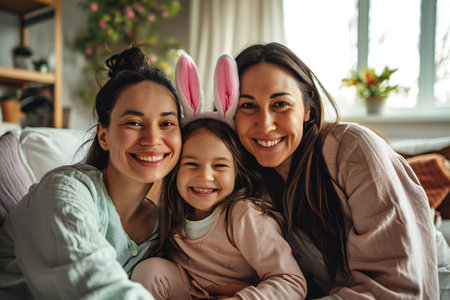 lesbian Mothers hugging their Child Wearing Bunny Ears on Easter. Happy mom and her daughter having funの素材