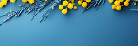 Spring flowers background banner. Mimosa on blue background, spring season concept. copy space. long banner Women's day conceptの写真素材
