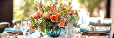 Beautiful table setting with spring flowers for Easter celebration, panoramic banner.の素材