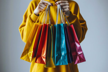 Female hands holding and showing colorful shopping bags.の素材