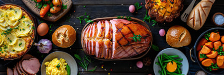 Classic Easter ham dinner. Top view table scene on a dark wood banner background. Ham, scalloped potatoes, eggs, hot cross buns, carrot cake and vegetables.の素材
