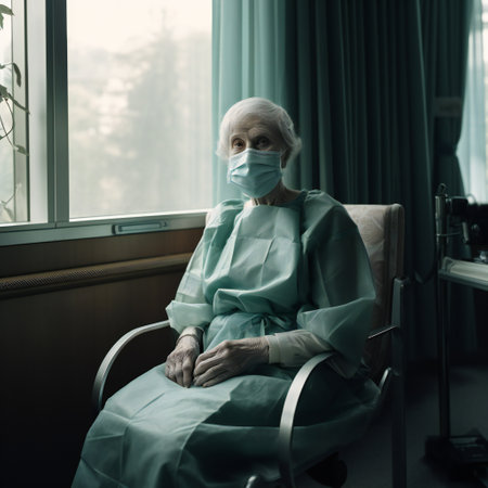 Upset mature woman in a protective face mask sitting lonely in a doctor's office hallの素材