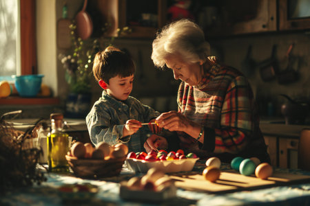 Grandmother and a little boy paint eggs with brushes for the Easter holiday at home. Easter family holiday. DIY Easter eggs concept.の素材