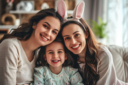 lesbian Mothers hugging their Child Wearing Bunny Ears on Easter. Happy mom and her daughter having funの素材