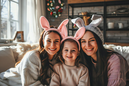lesbian Mothers hugging their Child Wearing Bunny Ears on Easter. Happy mom and her daughter having funの素材