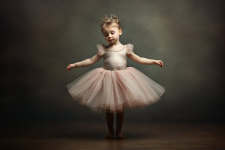 Beautiful little girl in a pink suit is dancing a ballet at school, empty space in studio shot isolated horizontal bannerの素材