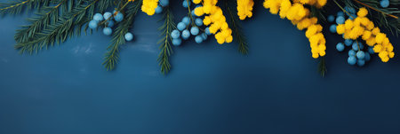 Spring flowers background banner. Mimosa on dark blue background, spring season concept. copy space. long banner Women's day conceptの素材