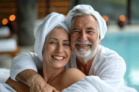Happy senior couple sitting in relaxation room after sauna session in spaの素材